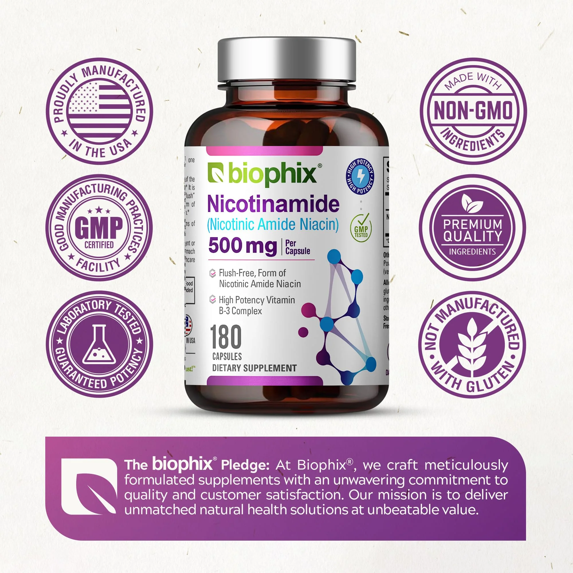 Biophix B-3 Nicotinamide 500 mg - 180 Caps (2 Pack) | Flush-Free Vitamin for Skin Health - Image 7