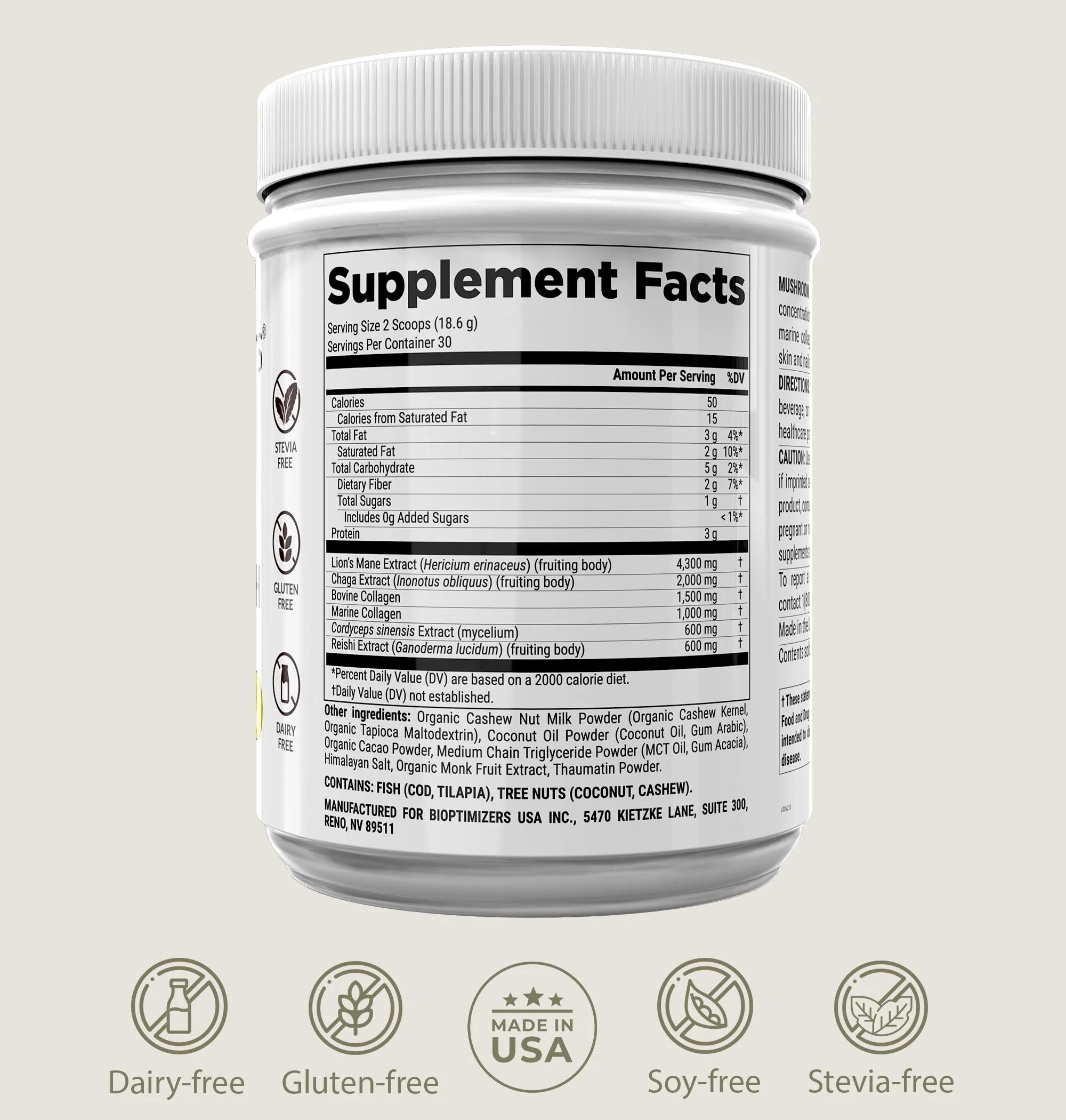 BIOptimizers Mushroom Coffee Alternative – Chocolate with Lion’s Mane, Chaga & Reishi + Collagen Peptides for Focus, Energy & Gut Health – Adaptogenic Mushrooms & MCT Powder – 30 Servings - Image 14
