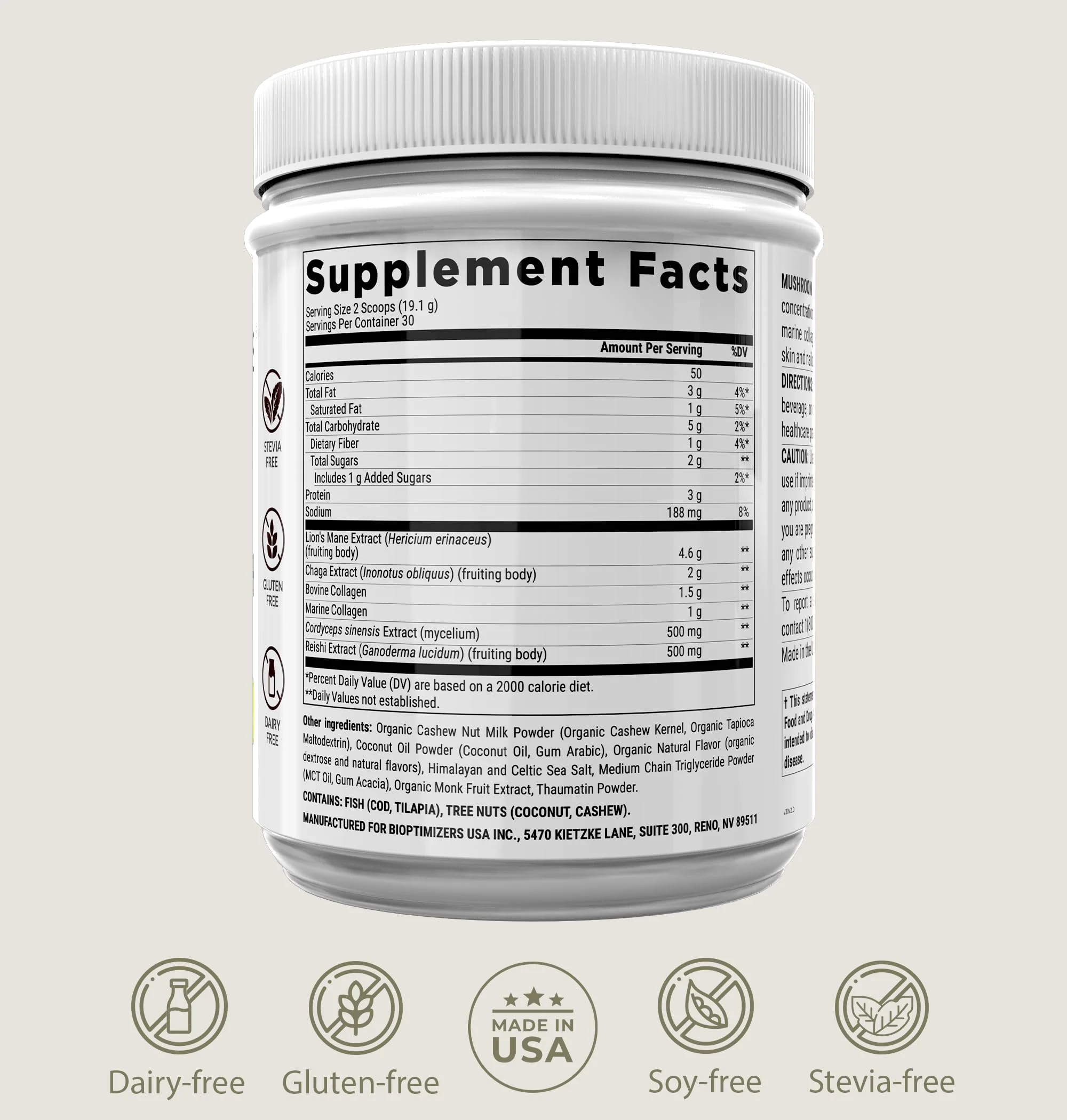 BIOptimizers Mushroom Coffee Alternative – Salted Caramel with Lion’s Mane, Chaga & Reishi + Collagen & MCT – 30 Servings - Image 7