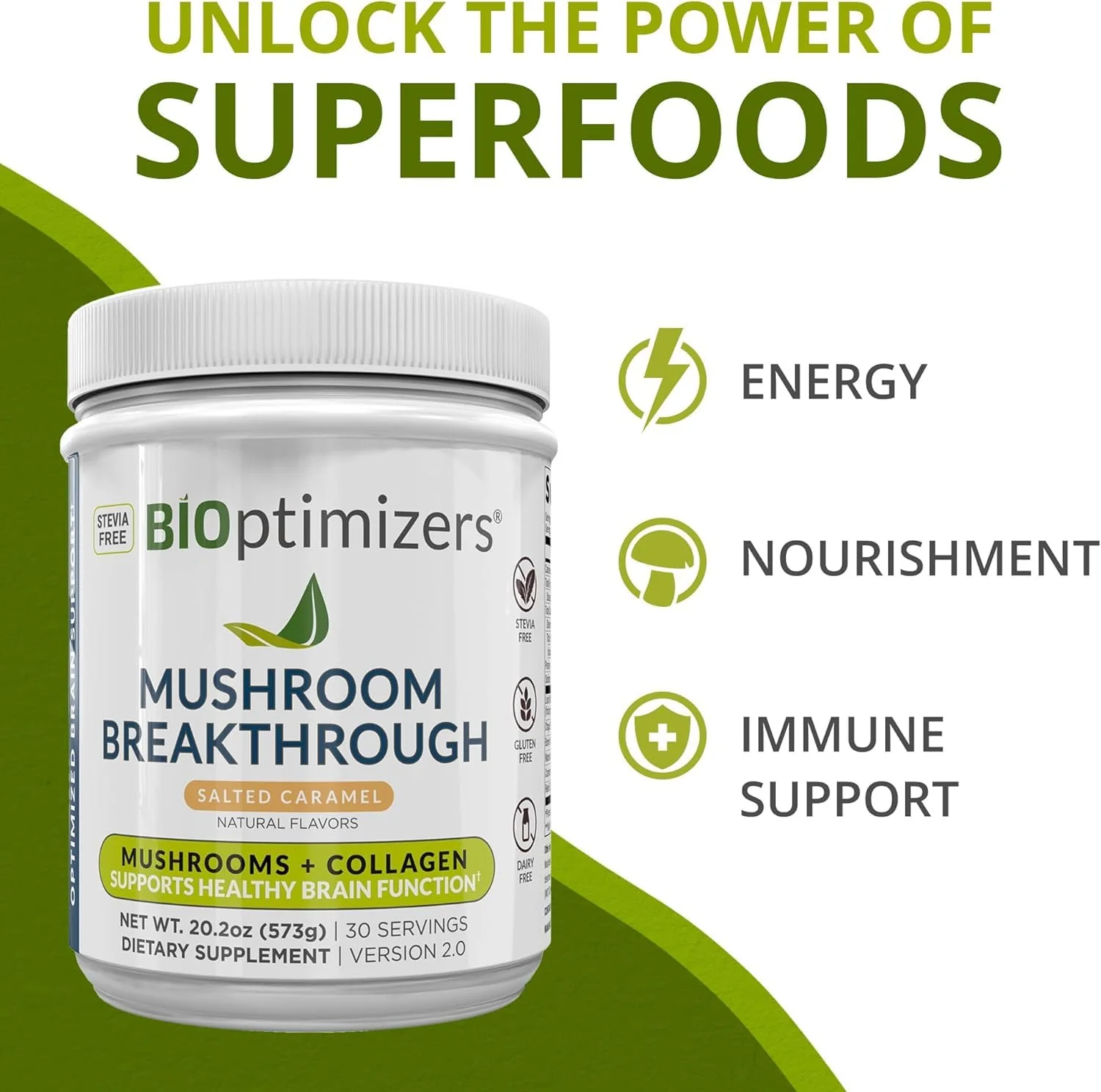 BIOptimizers Mushroom Coffee Alternative – Salted Caramel with Lion's Mane, Chaga, Reishi + Collagen & MCT (15 Servings) - Image 2
