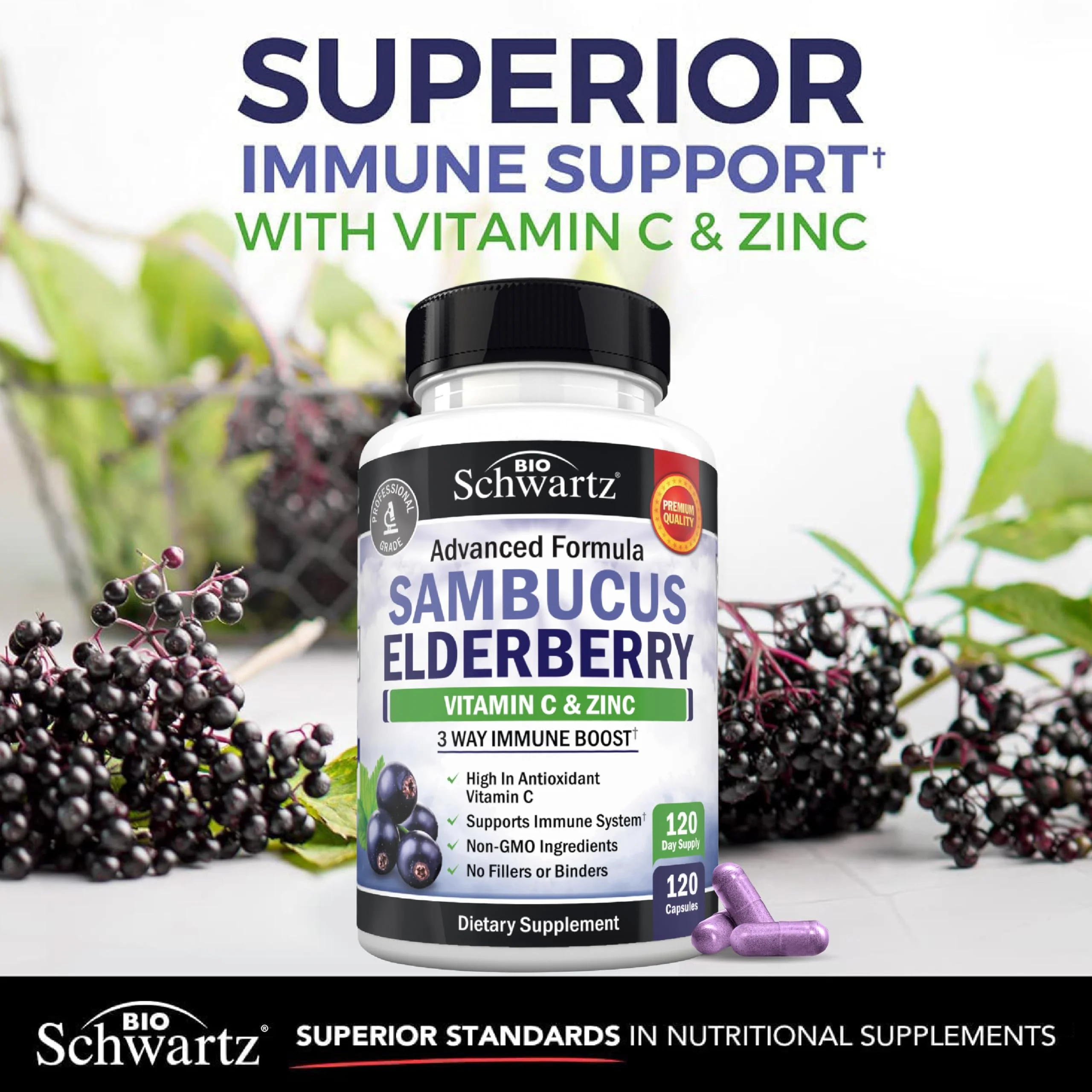 BioSchwartz Elderberry Capsules with Zinc & Vitamin C – Immune Support for Adults (120 Count) - Image 6