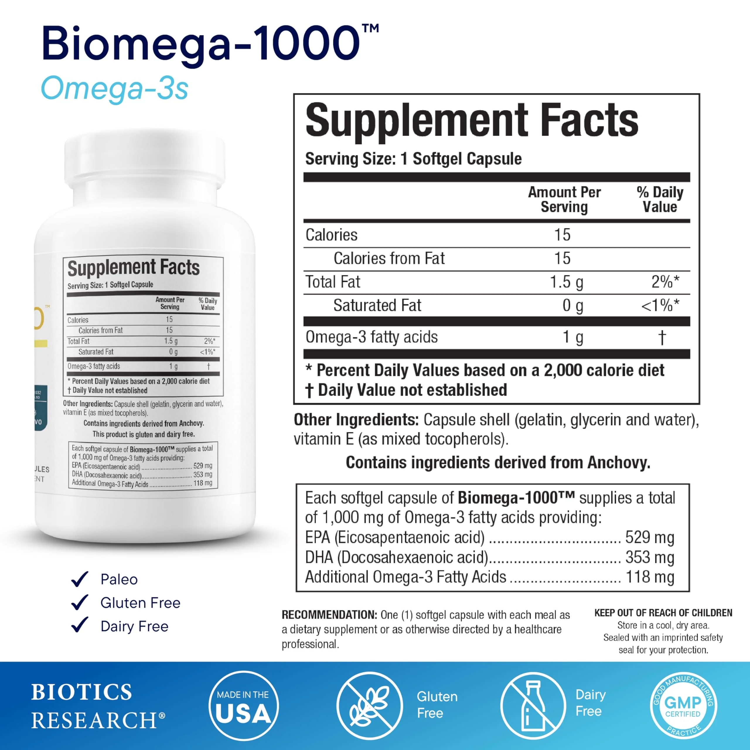 Biotics Research Biomega-1000 Omega-3 Fish Oil – EPA 529 mg / DHA 353 mg | 1000 mg per Serving, 90 Softgels - Image 3