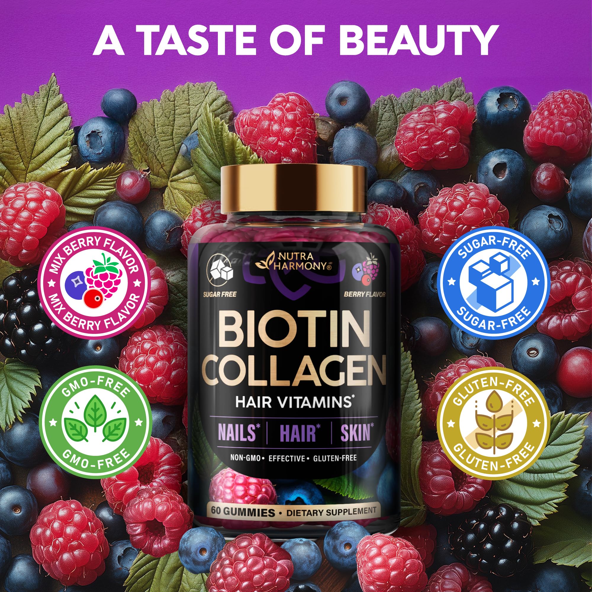 Biotin Gummies with Collagen - Hair, Skin & Nails | Sugar-Free, Mixed Berry, Pack of 2 - Image 5