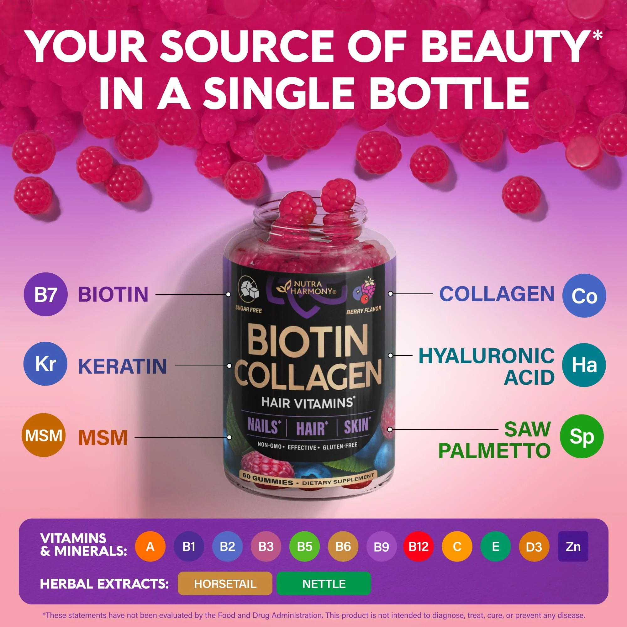 Biotin Gummies with Collagen - Hair, Skin & Nails | Sugar-Free, Mixed Berry, Pack of 2 - Image 6