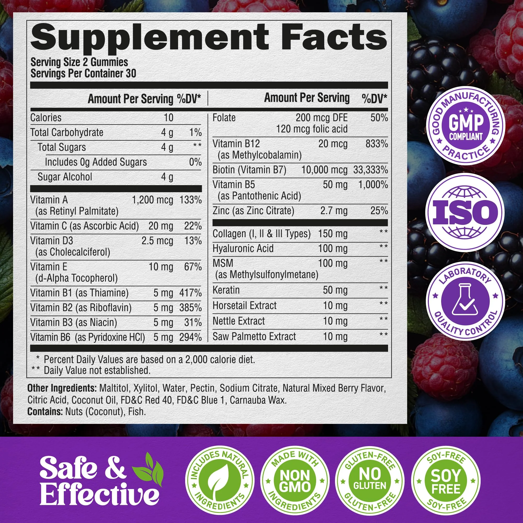 Biotin Gummies with Collagen - Hair, Skin & Nails | Sugar-Free, Mixed Berry, Pack of 2 - Image 8