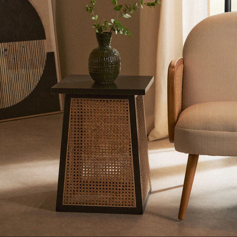 Black Elm Wood Side Table with Woven Natural Cane Panels, Cebu