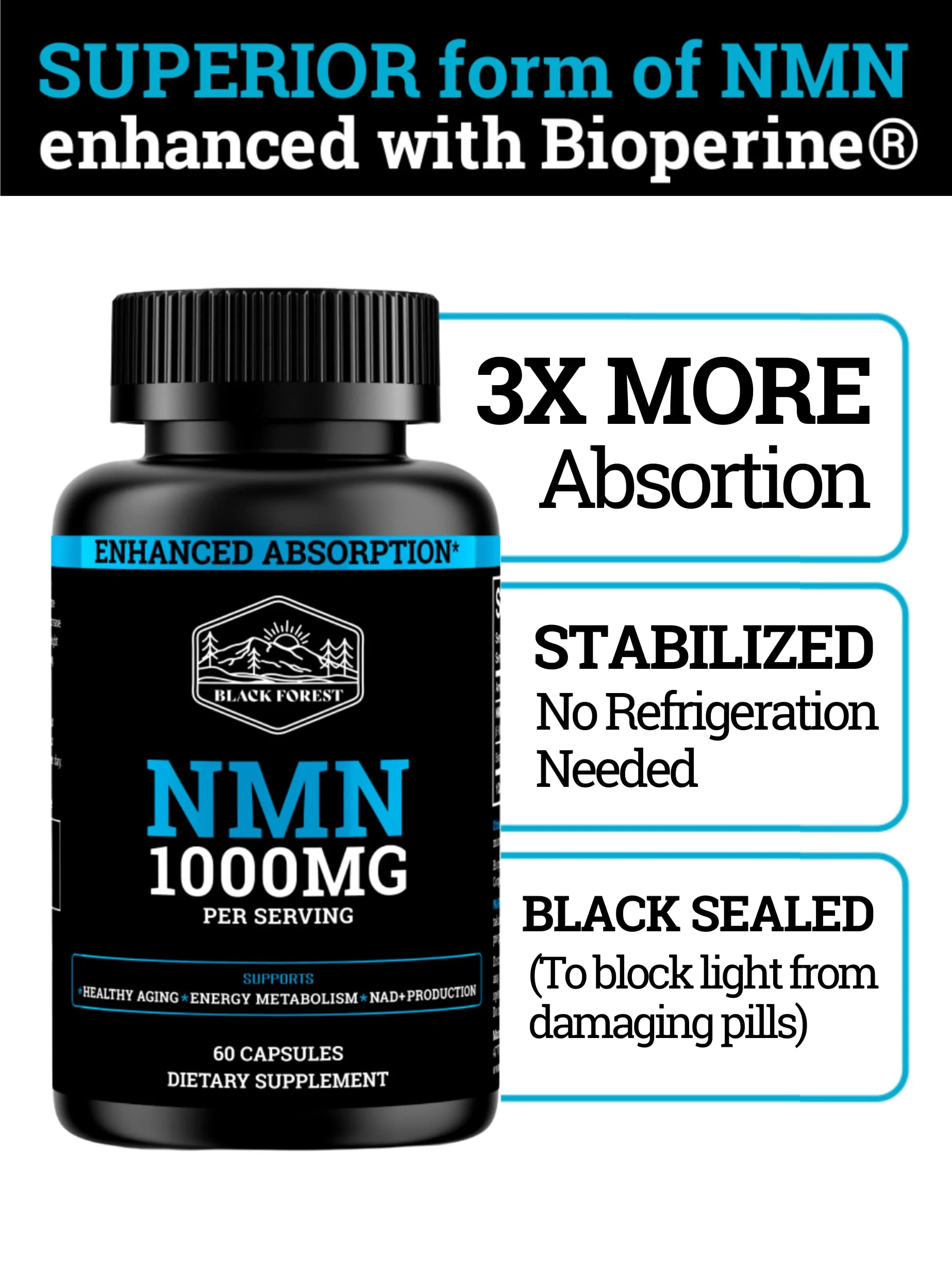 Black Forest NMN 1000mg Supplement – BioPerine Enhanced NAD Booster (60 Capsules) - Image 3