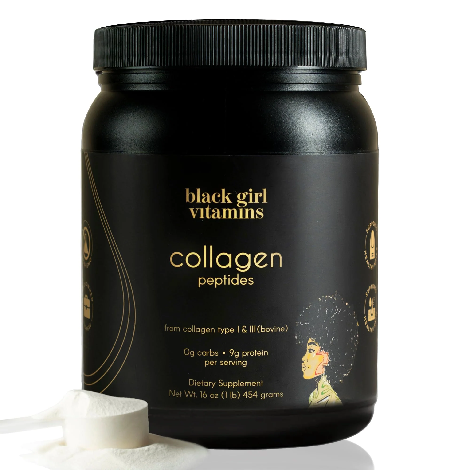 Black Girl Vitamins Collagen Peptides Powder – Unflavoured, Dairy-Free, Gluten-Free (16oz)