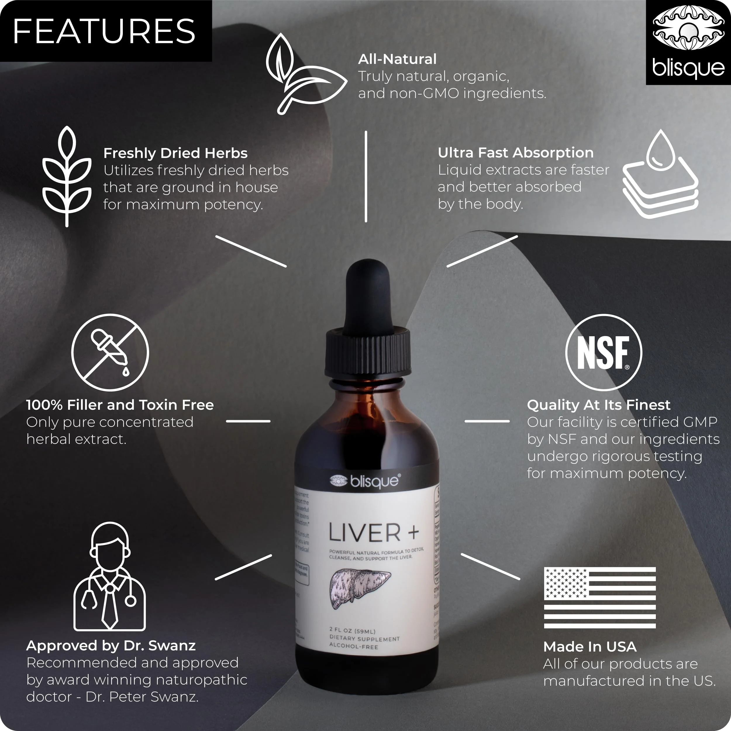 Blisque Liver Complex – Detox, Cleanse & Repair the Liver | Doctor-Approved | Milk Thistle & Dandelion Root | 2 oz | 59 Servings - Image 3