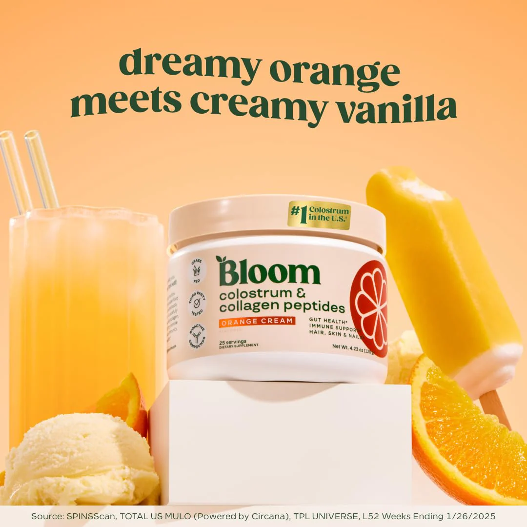 Bloom Nutrition Bovine Colostrum Powder – Orange Cream, 25 Servings - Image 2