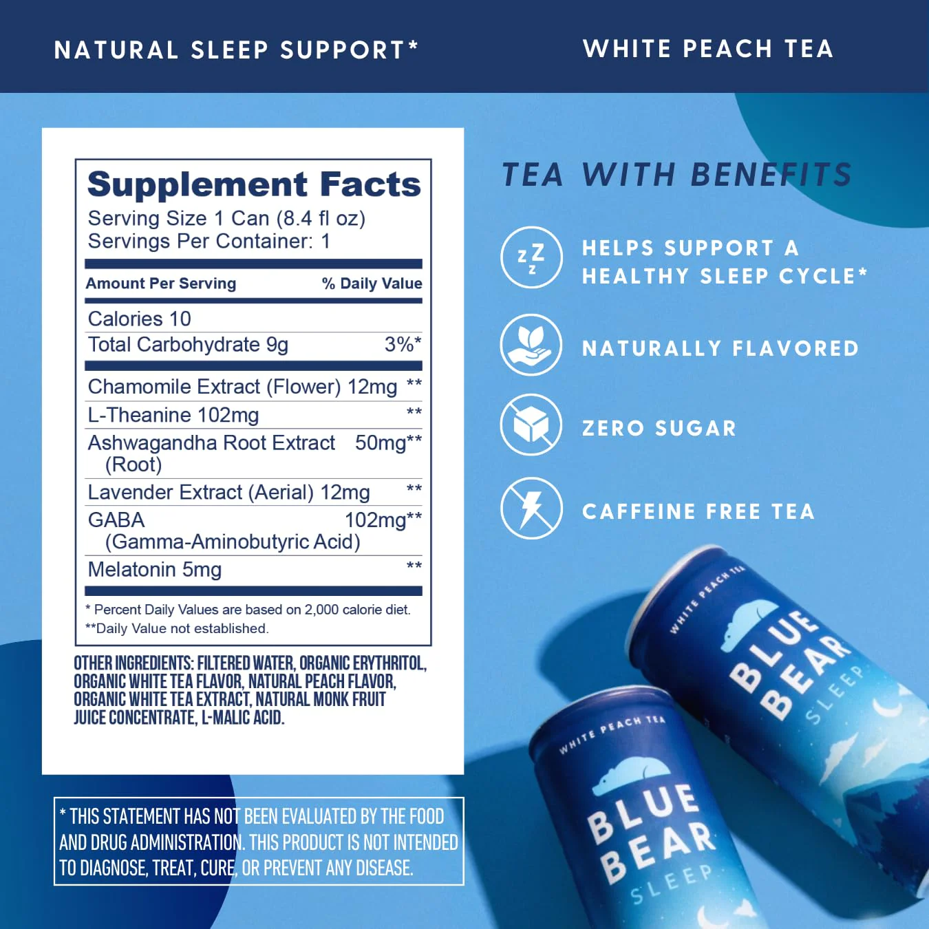 Blue Bear Melatonin Sleep Drink – White Peach Tea with 5 mg Melatonin, Caffeine-Free, Zero Sugar, 8.4 fl oz (12-Pack) - Image 2