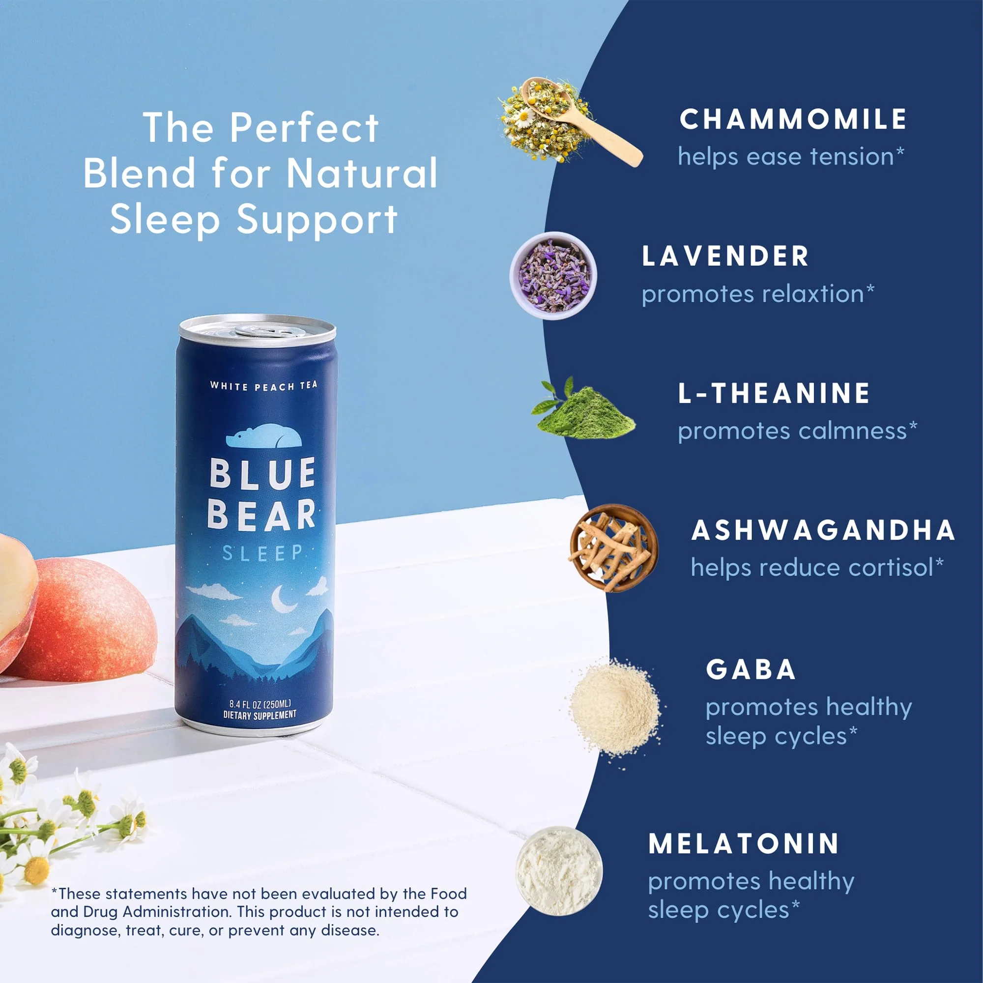 Blue Bear Melatonin Sleep Drink – White Peach Tea with 5 mg Melatonin, Caffeine-Free, Zero Sugar, 8.4 fl oz (12-Pack) - Image 3