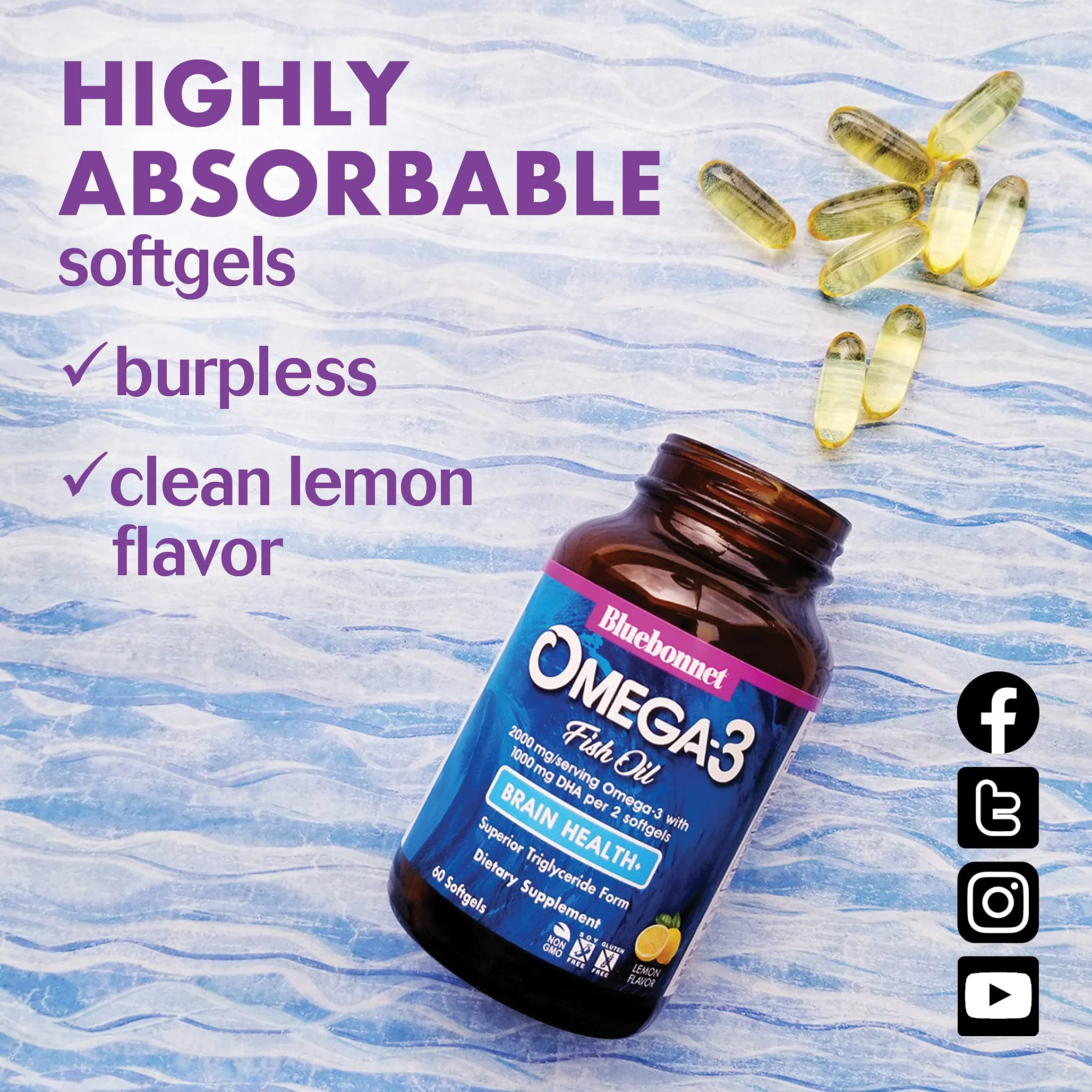 BlueBonnet Omega-3 Brain Formula – Wild-Caught DHA 1000 mg, EPA 210 mg | Burpless Lemon Softgels - Image 2
