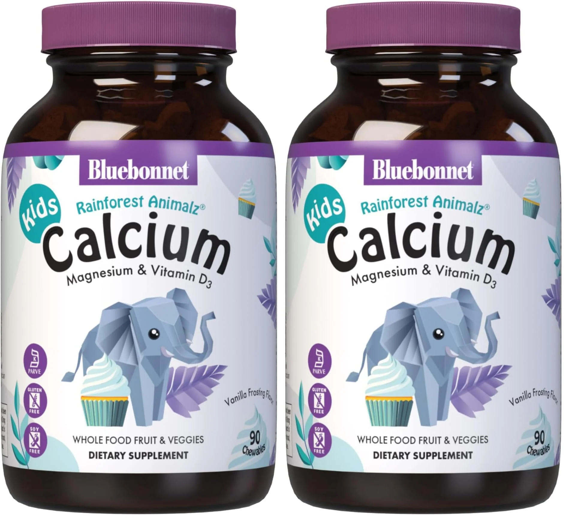 BlueBonnet Super Earth Animalz Calcium Magnesium Vitamin D3 Chews – Natural Vanilla Frosting (90 Count, Pack of 2)