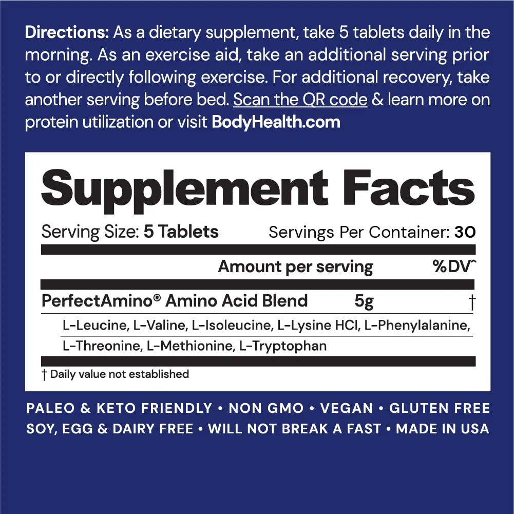 BodyHealth PerfectAmino Tablets - Essential Amino Acids + BCAAs (150ct + 30ct Travel Bottle) - Image 3