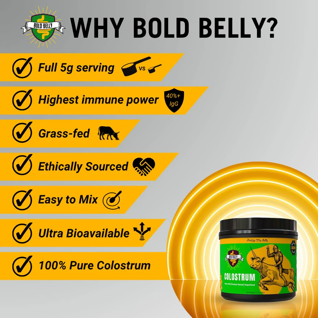 Bold Belly Colostrum Powder Supplement - Whole Cream Bovine Colostrum for Gut & Immune Support, Grass-Fed USA Cows, Cold-Processed, Natural IgG Colostrum Superfood, Unflavored - 5.3 OZ - Image 3