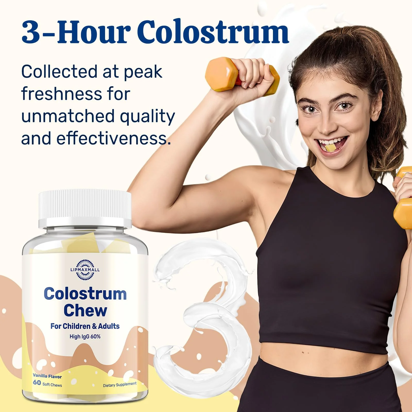 Bovine Colostrum Chews with 60% IgG – Vanilla Flavor, Grass-Fed Cows – Immune & Gut Support – 60 Soft Chews (2 Bottles) - Image 2