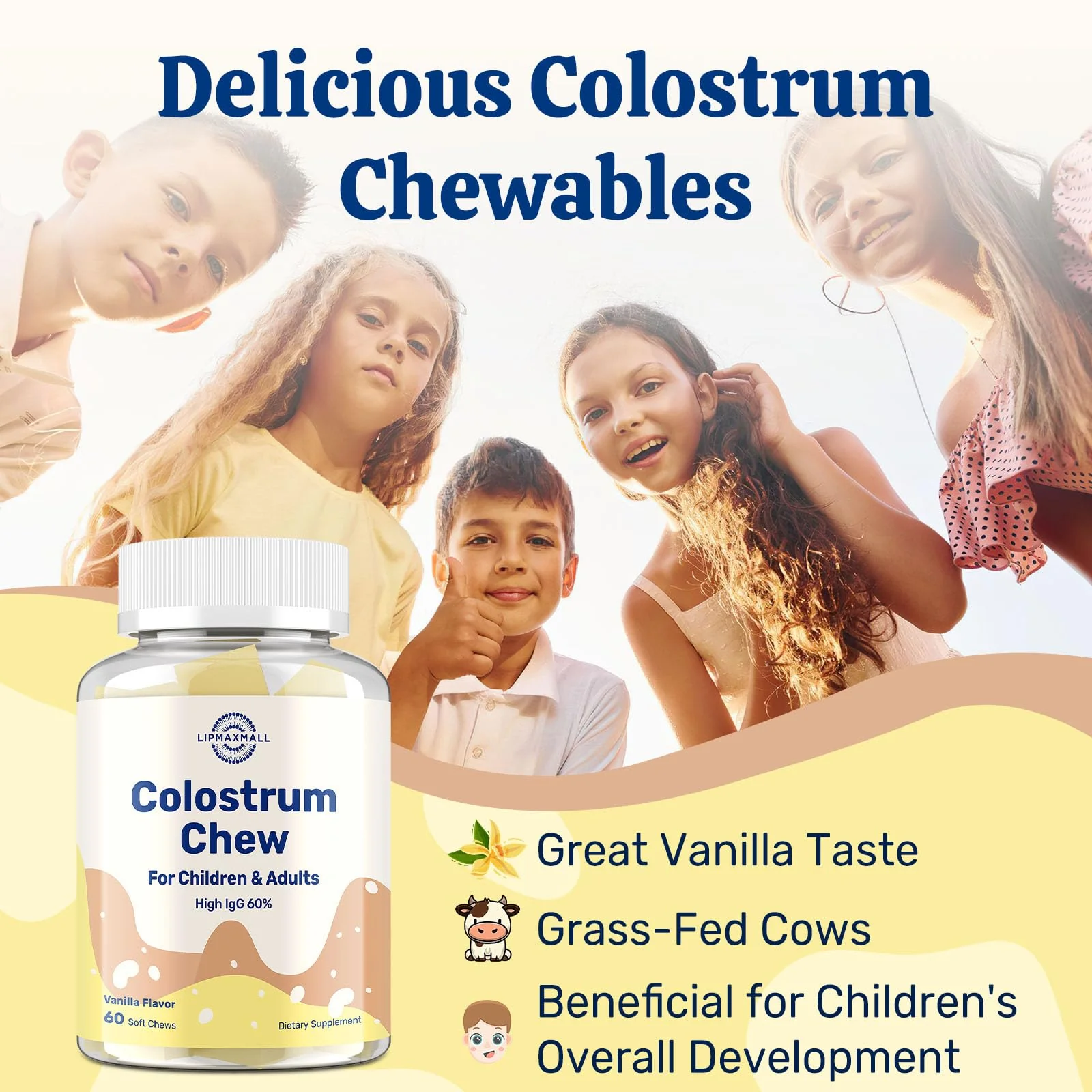 Bovine Colostrum Chews with 60% IgG – Vanilla Flavor, Grass-Fed Cows – Immune & Gut Support – 60 Soft Chews (2 Bottles) - Image 6