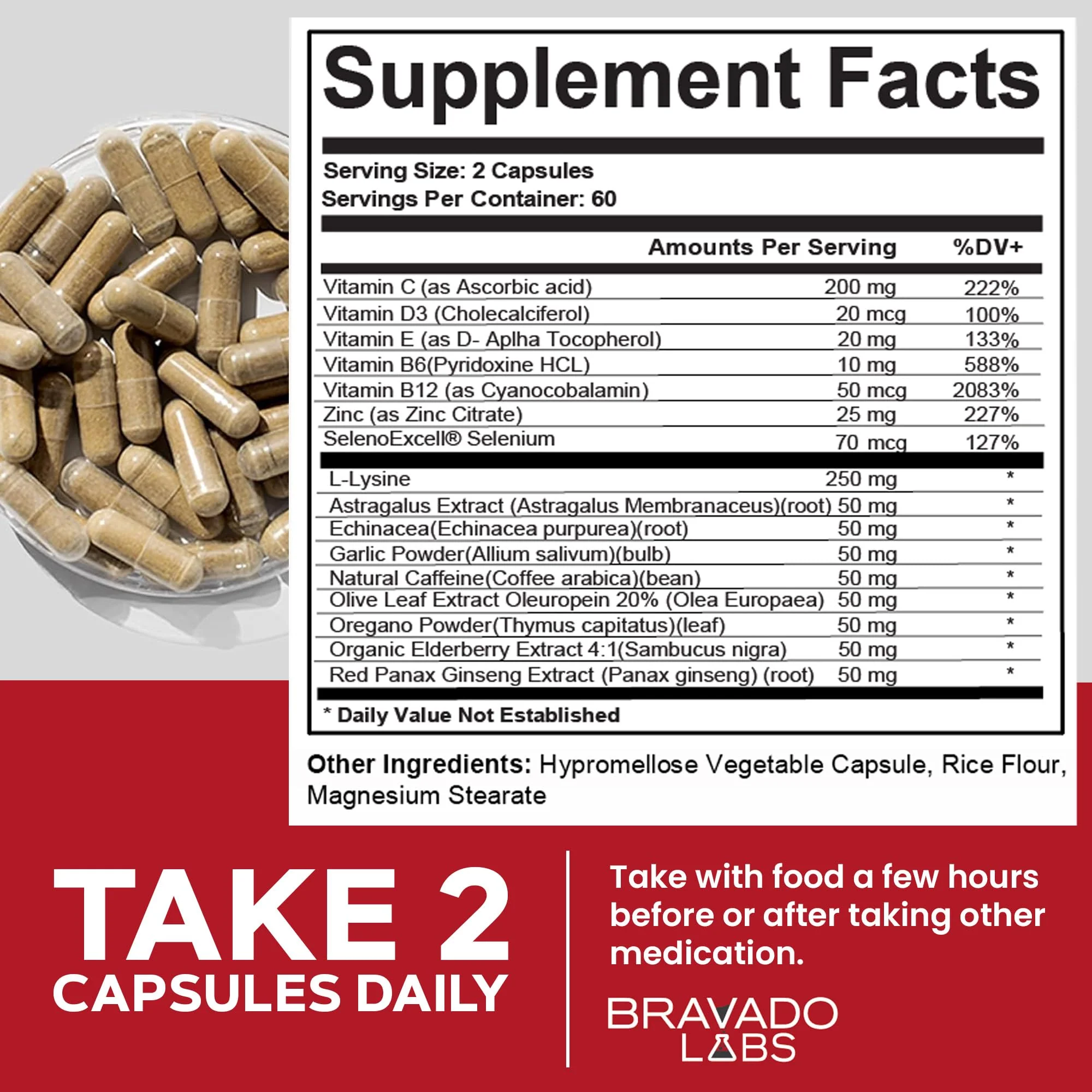Bravado Labs L-Lysine 250mg Capsules – Immune & Cold Sore Support – Vegan, Non-GMO, Allergen-Free, 3rd-Party Tested, Lisina 1000 mg Organica - Made in USA - Image 7