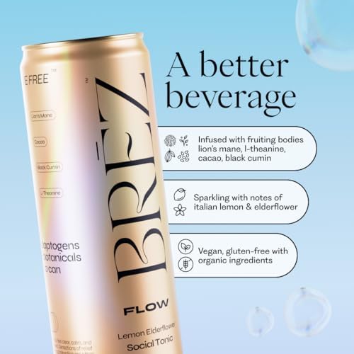 BREZ FLOW Lion’s Mane Mushroom Drink, 8-Pack, Non-Infused, Adaptogens, Relieving, Uplifting, and Social, Sparkling Lemon Elderflower Tonic 12 Fl oz - Image 3