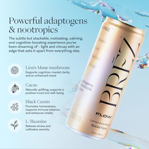 BREZ FLOW Lion’s Mane Mushroom Drink, 8-Pack, Non-Infused, Adaptogens, Relieving, Uplifting, and Social, Sparkling Lemon Elderflower Tonic 12 Fl oz - Image 5