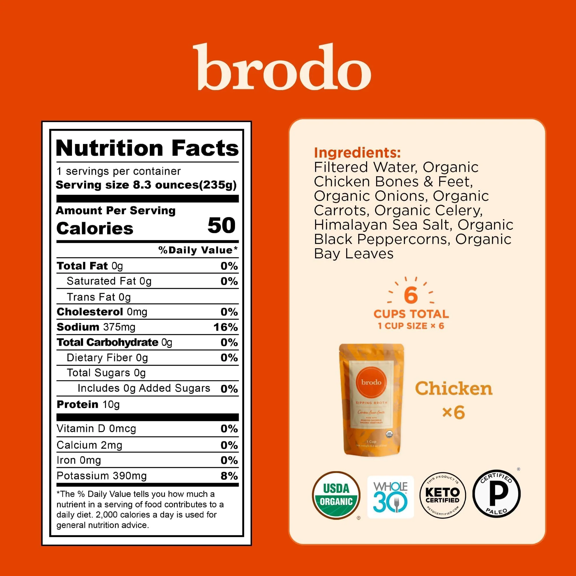 Brodo Organic Chicken Bone Broth with Collagen — Low Sodium, Protein-Rich (4x25 oz Pouches) - Image 11