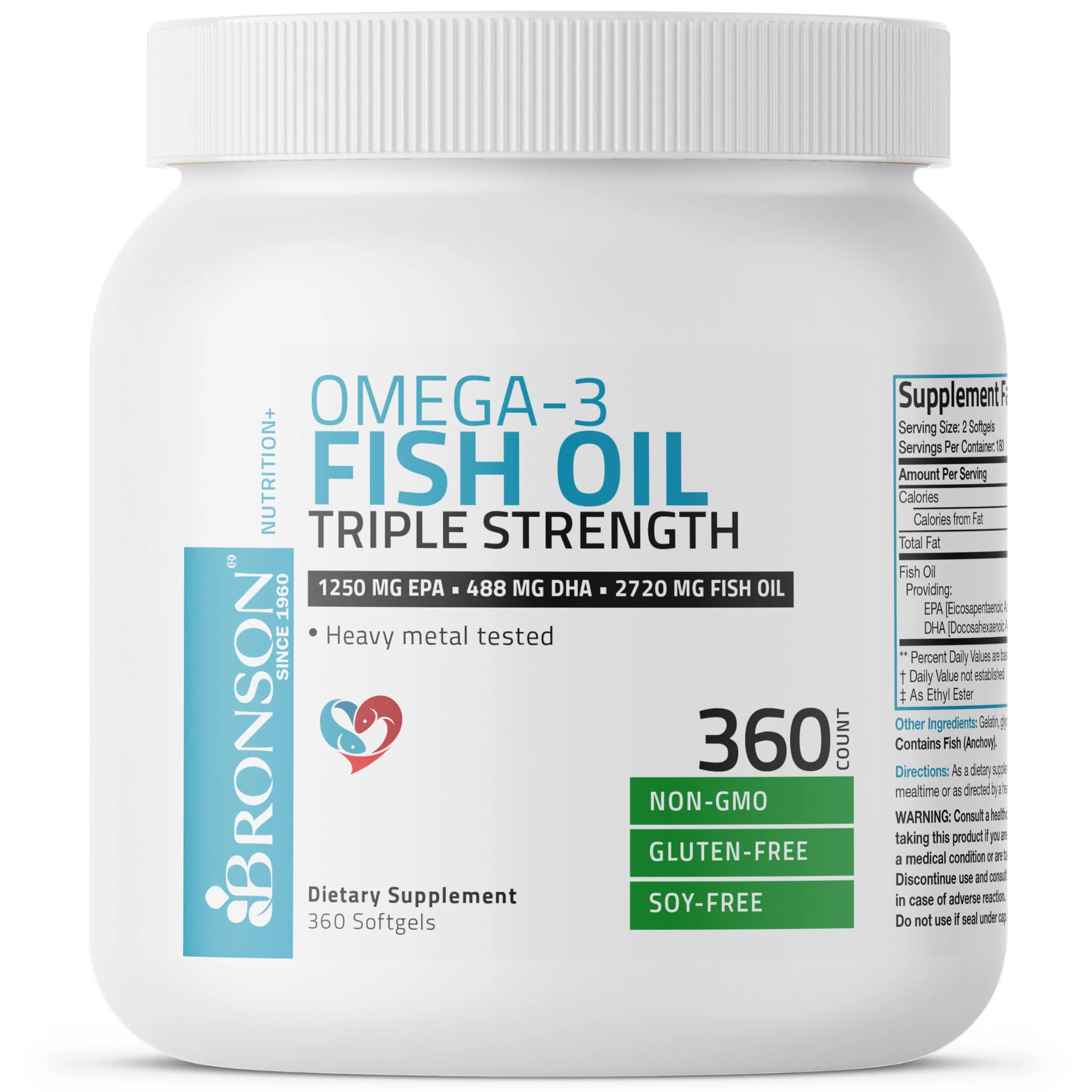 Bronson Omega 3 Fish Oil Triple Strength 2720 mg | High EPA 1250 mg & DHA 488 mg | Non-GMO, Heavy Metal Tested | 360 Softgels - Image 3