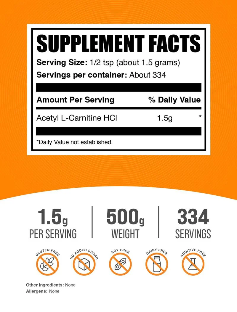 BulkSupplements Acetyl L-Carnitine Powder (ALCAR HCl) – 1.5 g Serving, 500 g, Gluten Free - Image 8