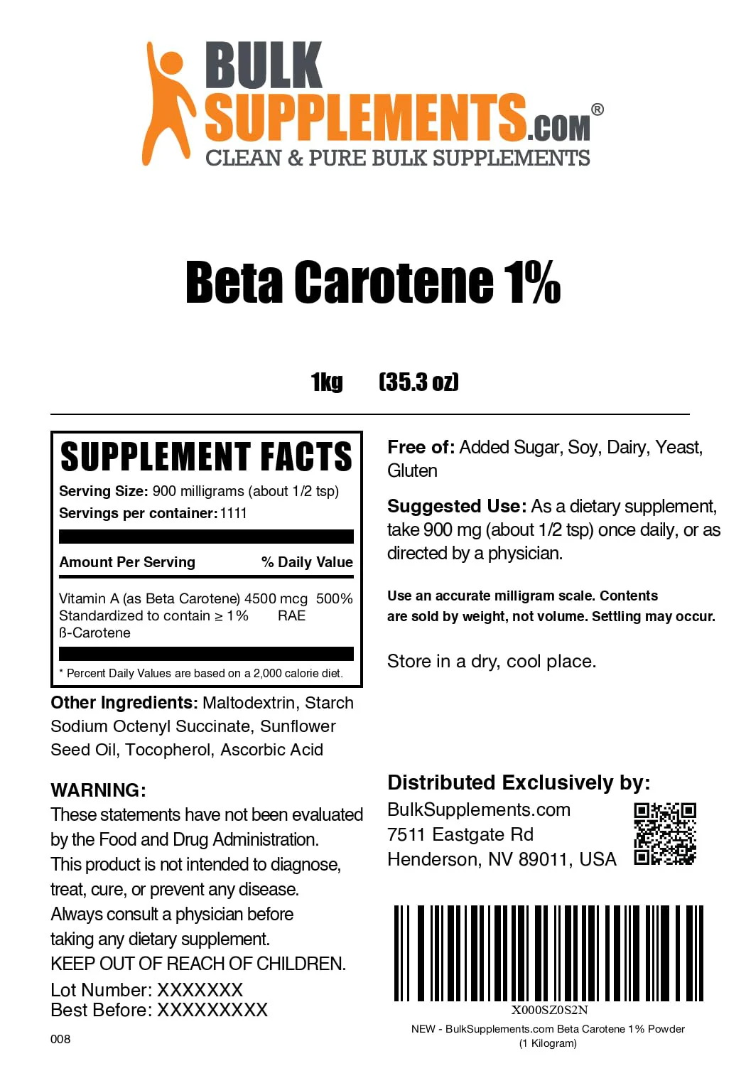 BulkSupplements Beta Carotene Powder – Vitamin A for Immune & Vision Support | Gluten Free, 900 mg/Serving, 1kg - Image 6