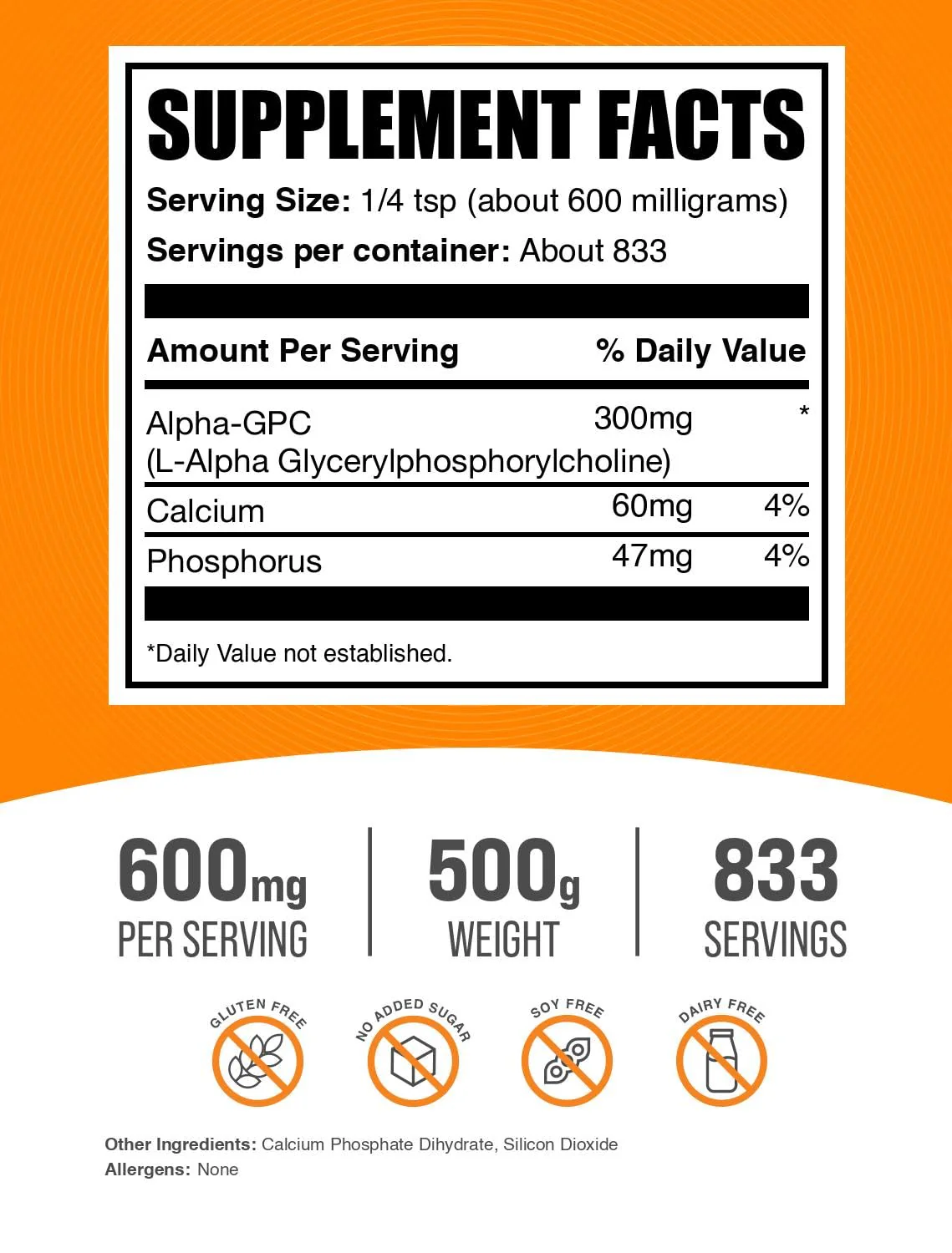 BulkSupplements.com Alpha GPC Powder – Choline Supplement | 300mg Alpha GPC, 600mg per Serving, Unflavored & Gluten Free, 500g - Image 2