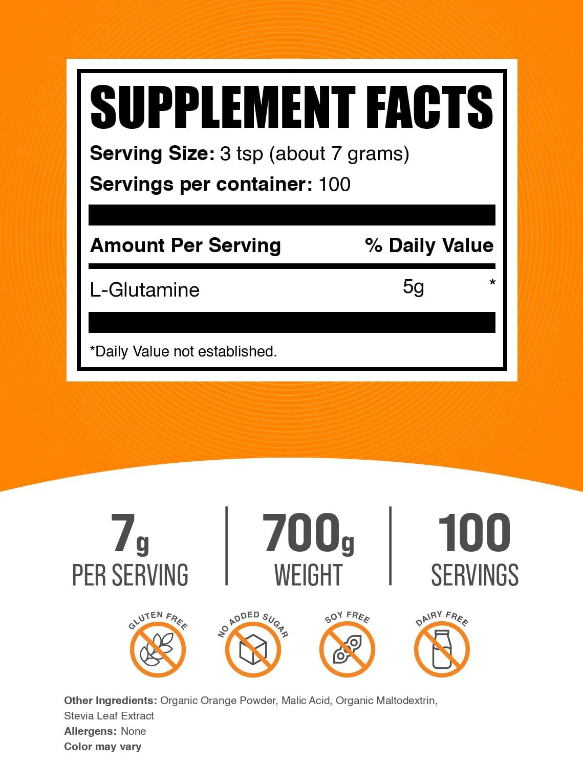 BulkSupplements L-Glutamine Powder Orange Smash – 7g Serving, 700g (1.5 lb) - Image 2