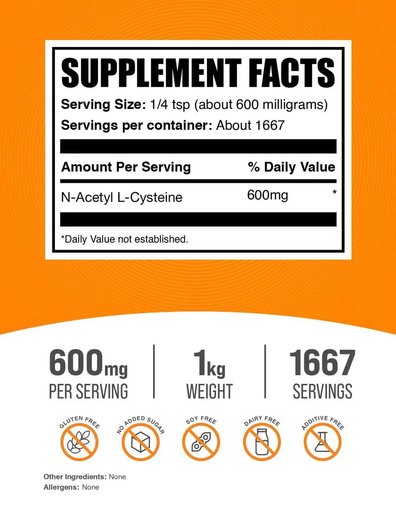 BulkSupplements NAC Powder 600mg – N-Acetyl Cysteine Supplement, Gluten Free, 1kg (1667 Servings) - Image 2