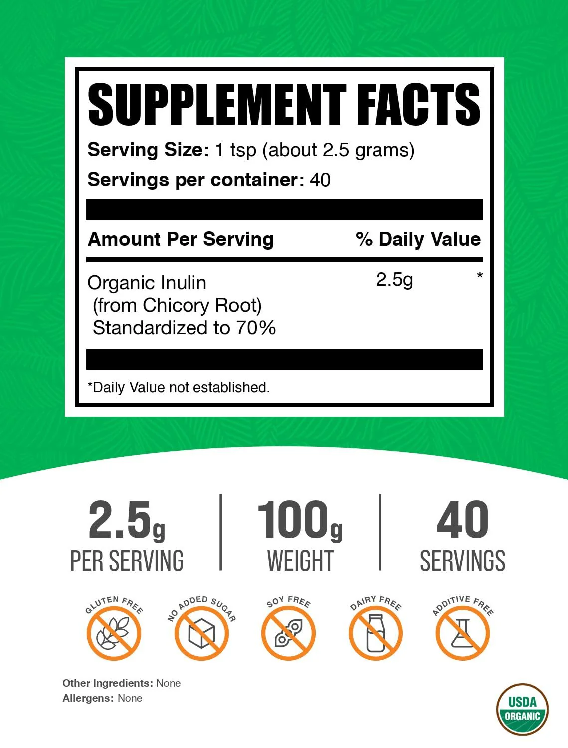 BulkSupplements Organic Inulin Powder - Soluble Fiber, Vegan & Gluten Free, 2.5g per Serving, 100g Pack of 2 - Image 2