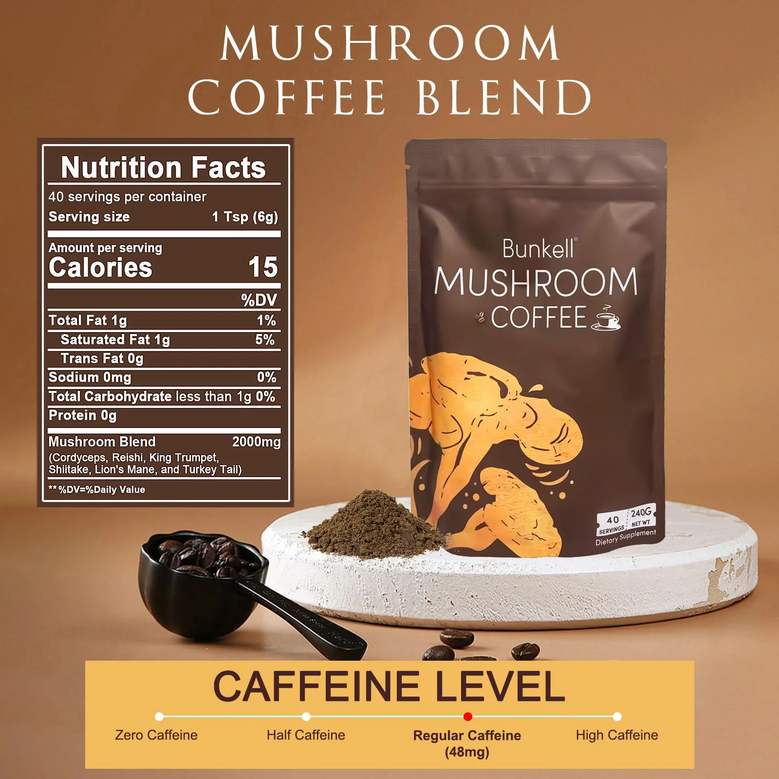 Bunkell Mushroom Coffee – Adaptogenic 6 Mushrooms (Lion's Mane, Reishi, Cordyceps, Shiitake, King Trumpet & Turkey Tail) – 40 Servings - Image 2