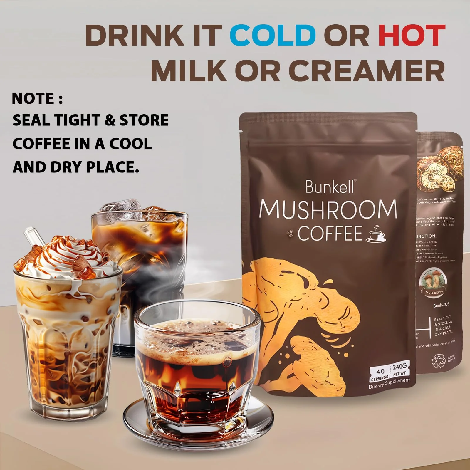 Bunkell Mushroom Coffee – Adaptogenic 6 Mushrooms (Lion's Mane, Reishi, Cordyceps, Shiitake, King Trumpet & Turkey Tail) – 40 Servings - Image 5