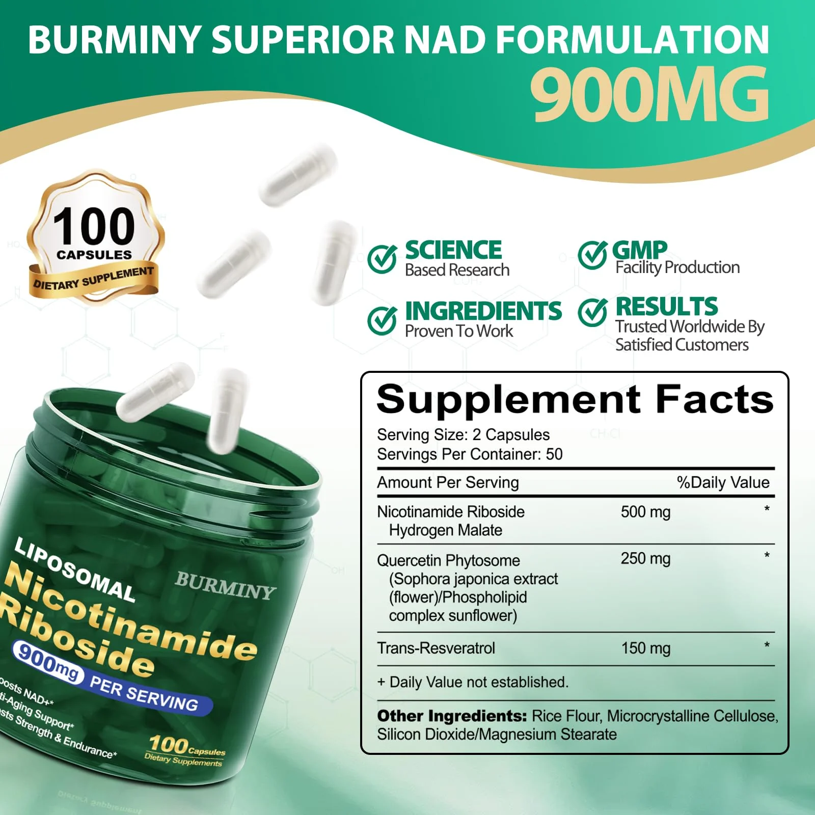 BURMINY NAD Supplement | Liposomal Nicotinamide Riboside 900mg with Resveratrol & Quercetin – 2 Pcs - Image 9