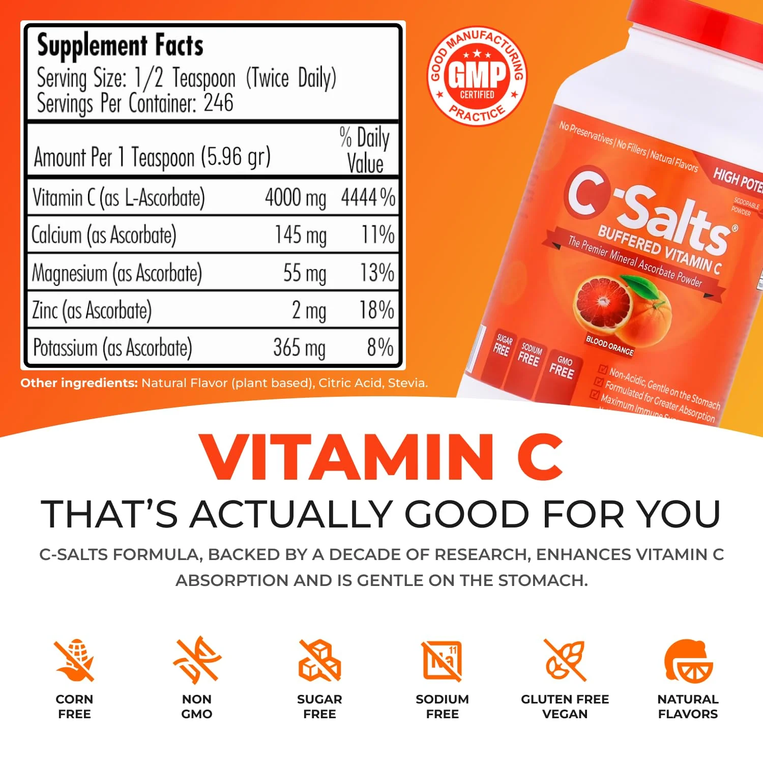 C-Salts Vitamin C Powder - Buffered Ascorbic Acid, Blood Orange, 26 oz | Immune Support (Sugar-Free, Vegan) - Image 2