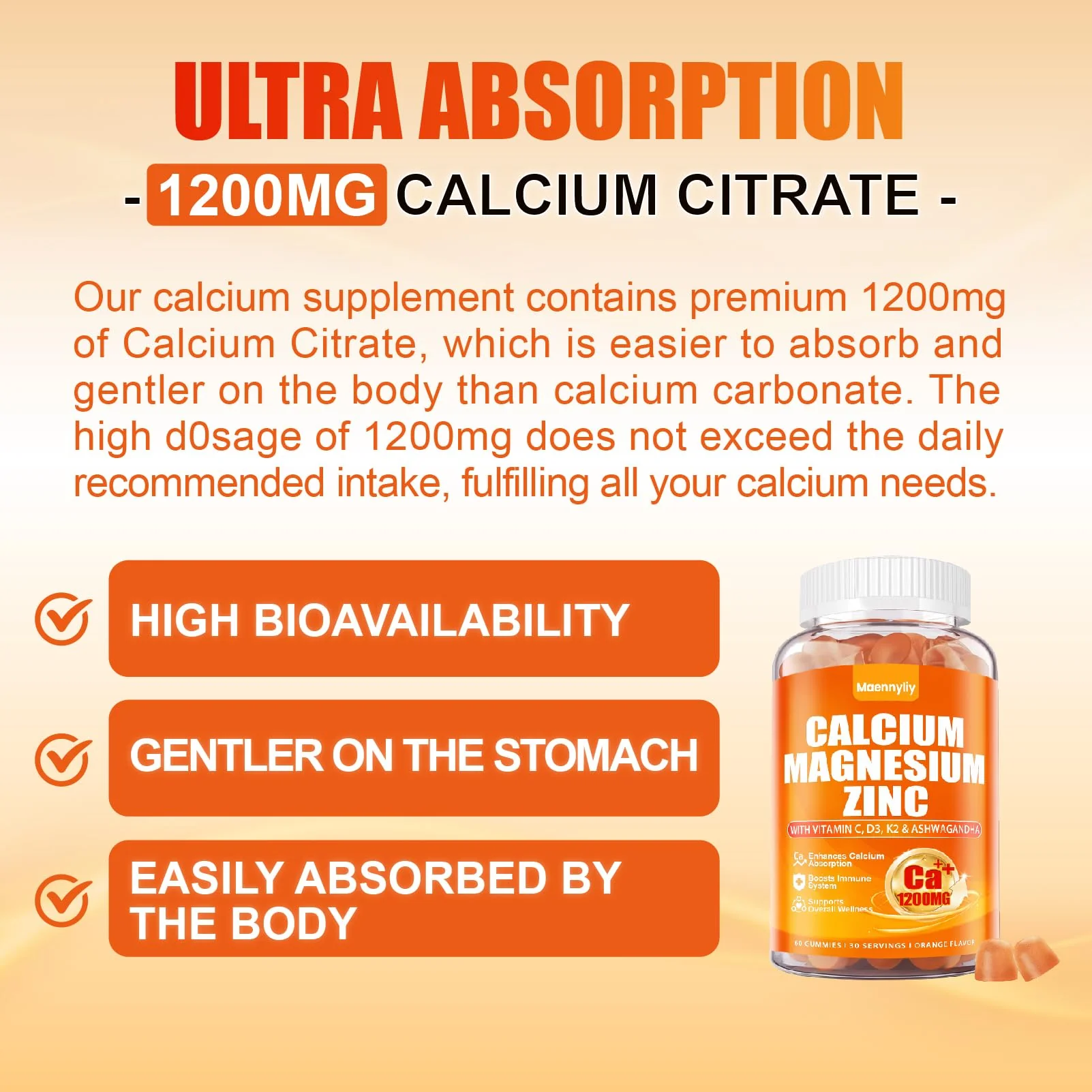 Calcium 1200 mg Gummies with Vitamin D3 – Calcium Citrate, K2 & Ashwagandha - Image 3