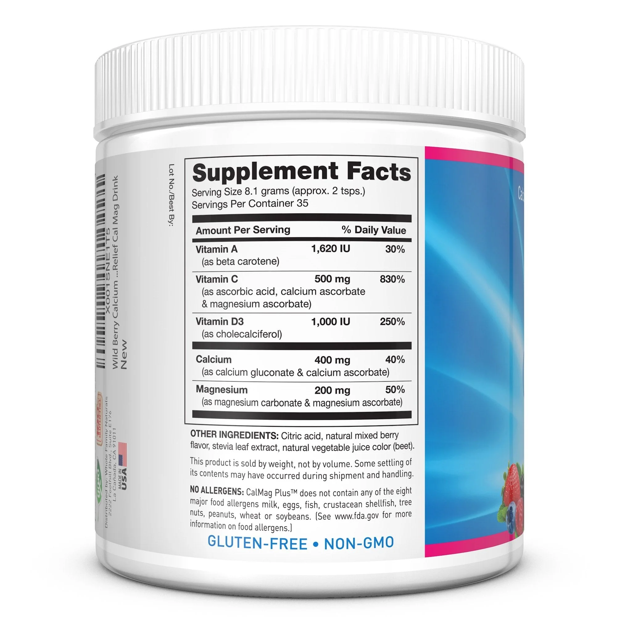 Calcium Magnesium Powder Supplement – CalMag Plus with Vitamin C & D3 – Gluten Free, Non-GMO, Wild Berry - Image 3