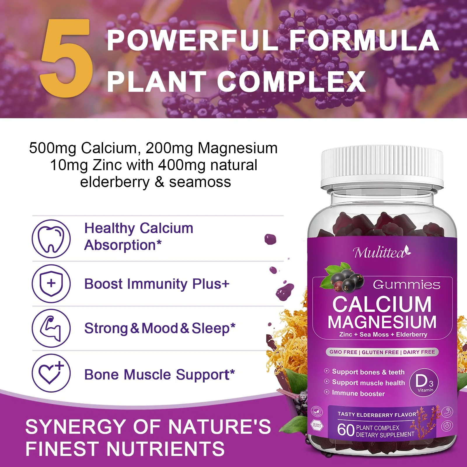 Calcium Magnesium Zinc Gummies with 200mg Magnesium Glycinate – Potassium, D3 & Sea Moss - Image 3