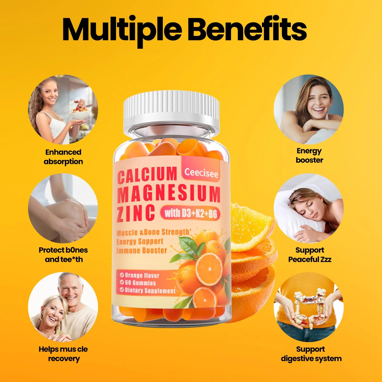 Calcium Magnesium Zinc Gummies with D3, B6 & K2 – 1000mg Calcium, 300mg Magnesium, Sugar Free (120 Count) - Image 4