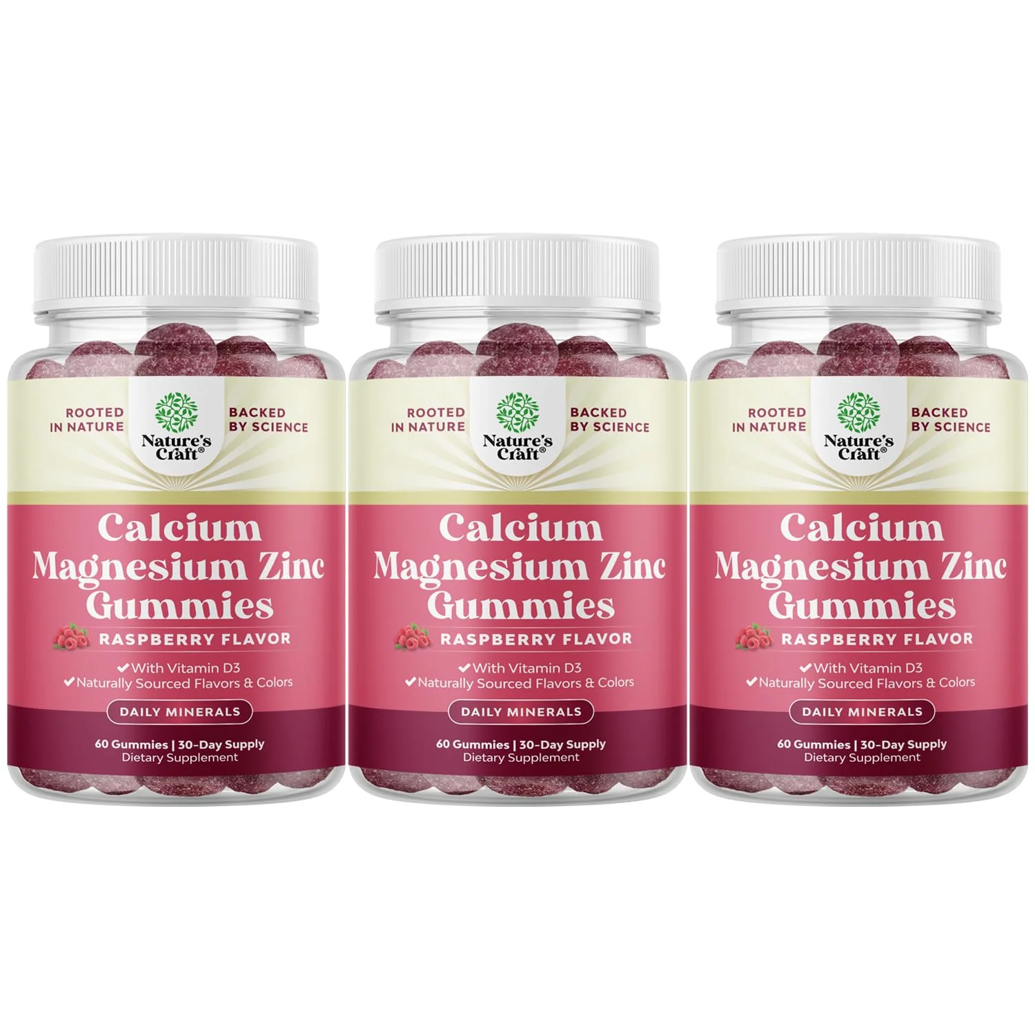Calcium Magnesium Zinc Gummies with Vitamin D3 – Kosher Non-GMO Gelatin-Free (3 Month Supply)