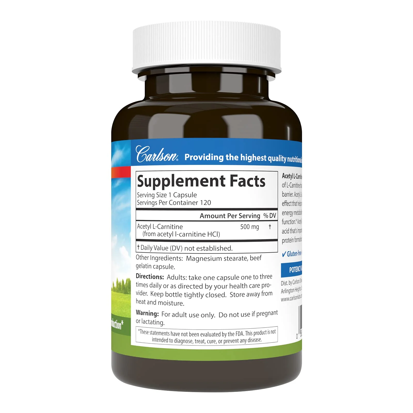 Carlson Acetyl L-Carnitine 500 mg – Cognitive Health, Brain Function & Energy | 120 Capsules - Image 2