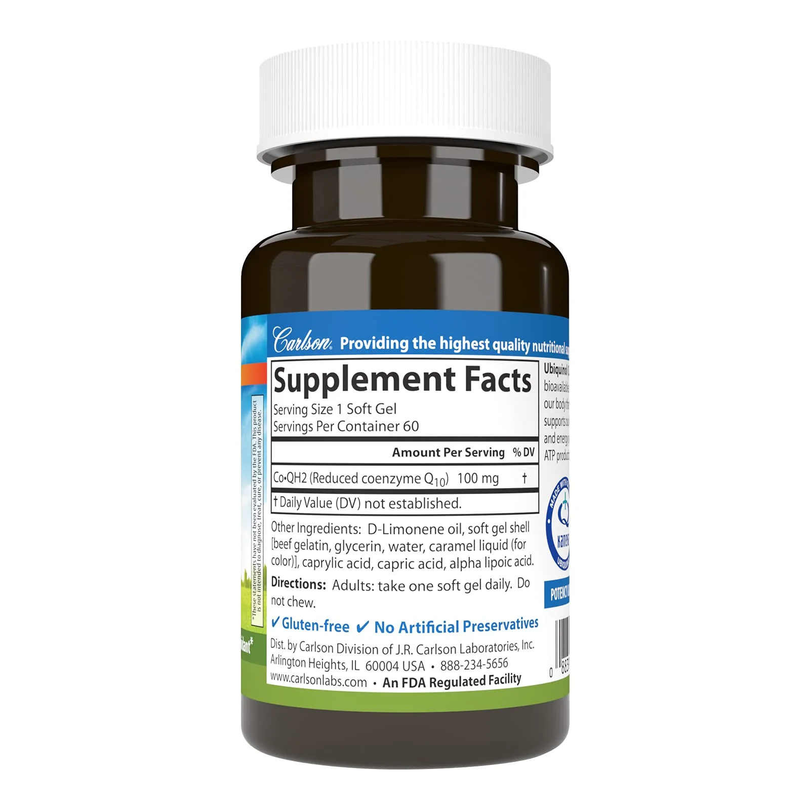 Carlson Co-QH2 Ubiquinol 100 mg | Energy, Heart Health & Antioxidant Support | 60 Softgels - Image 2