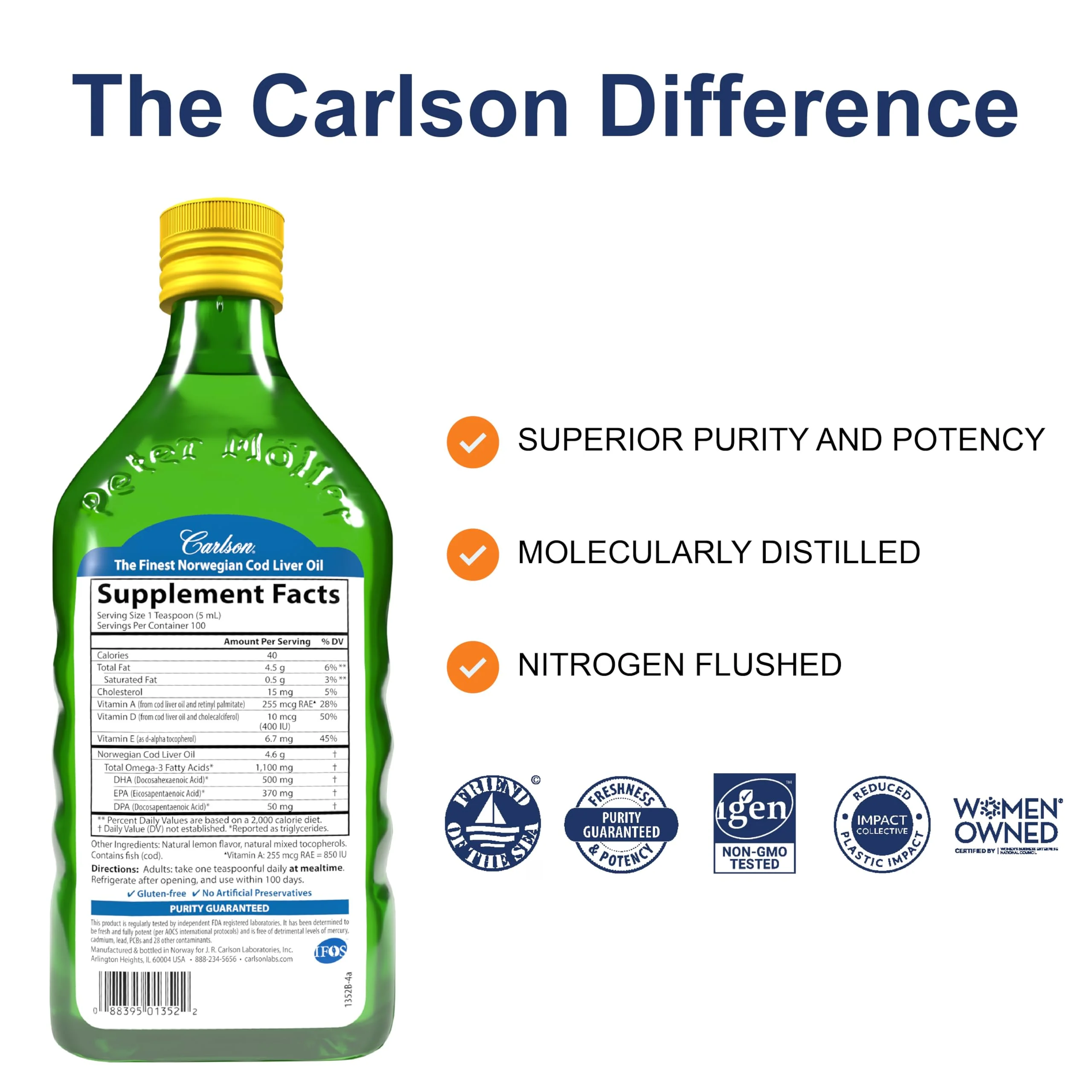 Carlson Cod Liver Oil 1100 mg Omega-3s + Vitamins A & D3 — Wild-Caught Nordic Arctic, Lemon, 500 mL - Image 11