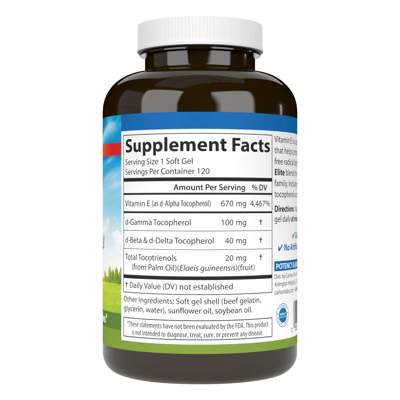 Carlson E-Gems Elite 1000 IU Vitamin E — Heart Health, Tocopherols & Tocotrienols, 120 Soft Gels - Image 2