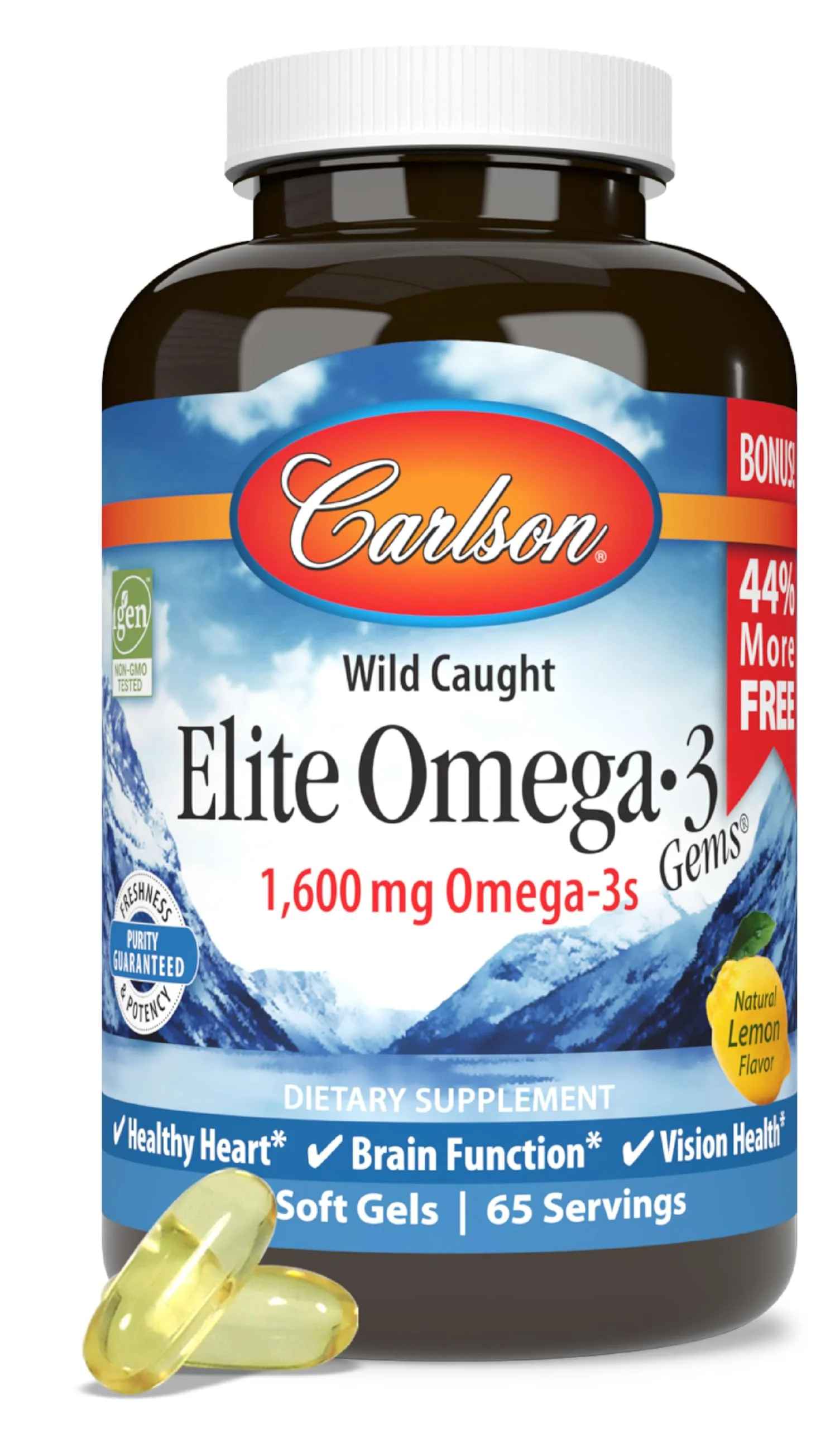 Carlson Elite Omega-3 Gems | 1600 mg EPA+DHA, Wild-Caught Norwegian Lemon Softgels - 130 Softgels