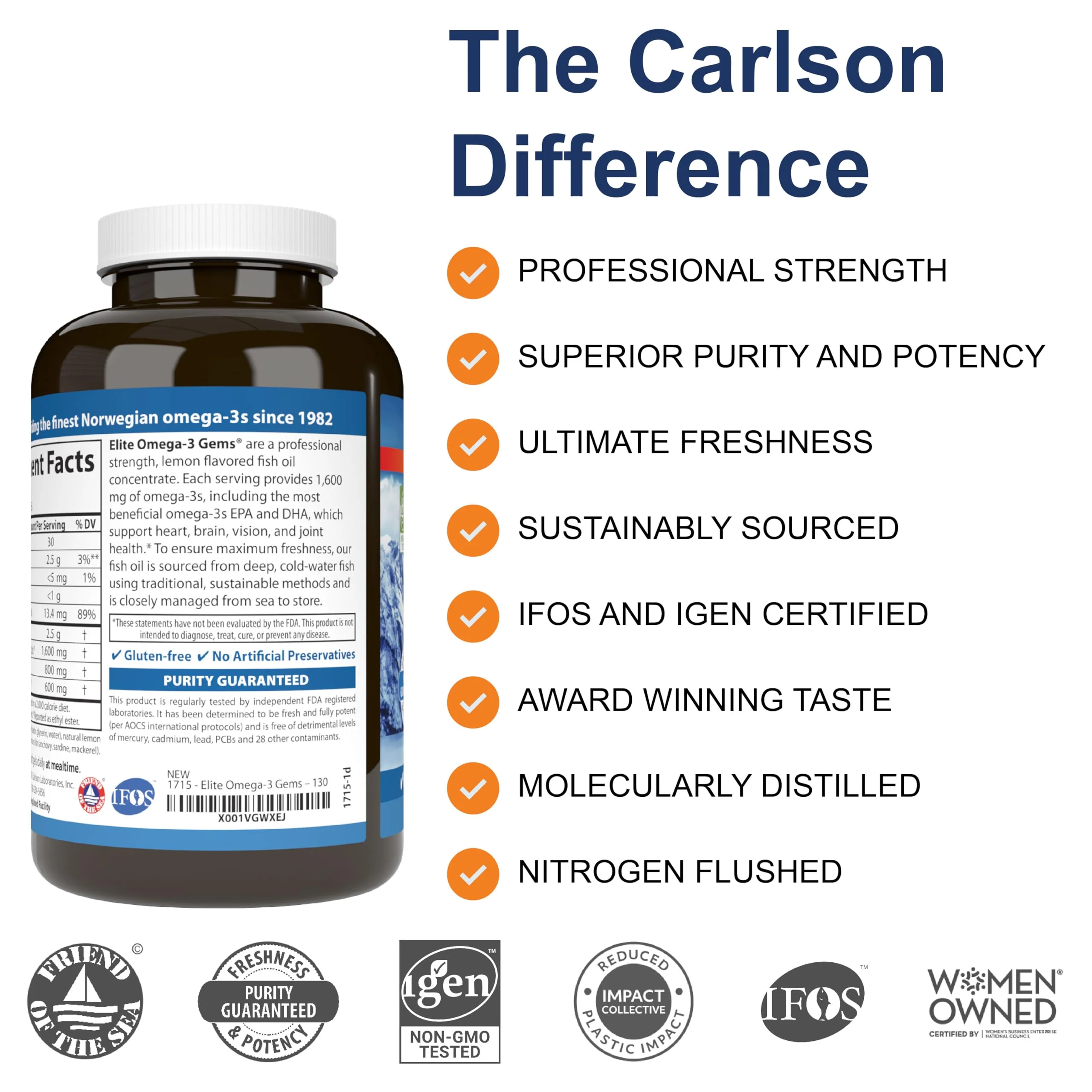 Carlson Elite Omega-3 Gems | 1600 mg EPA+DHA, Wild-Caught Norwegian Lemon Softgels - 130 Softgels - Image 10