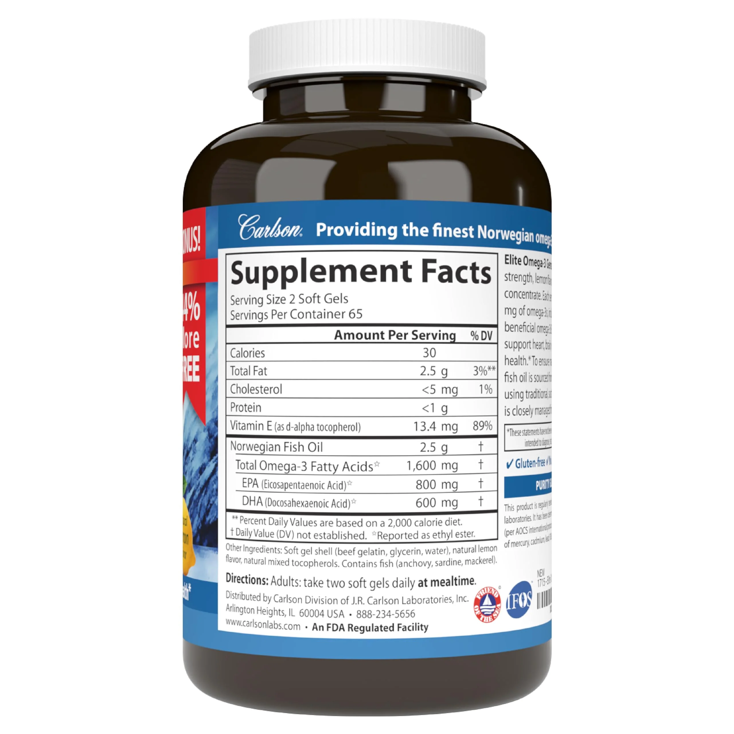 Carlson Elite Omega-3 Gems | 1600 mg EPA+DHA, Wild-Caught Norwegian Lemon Softgels - 130 Softgels - Image 8