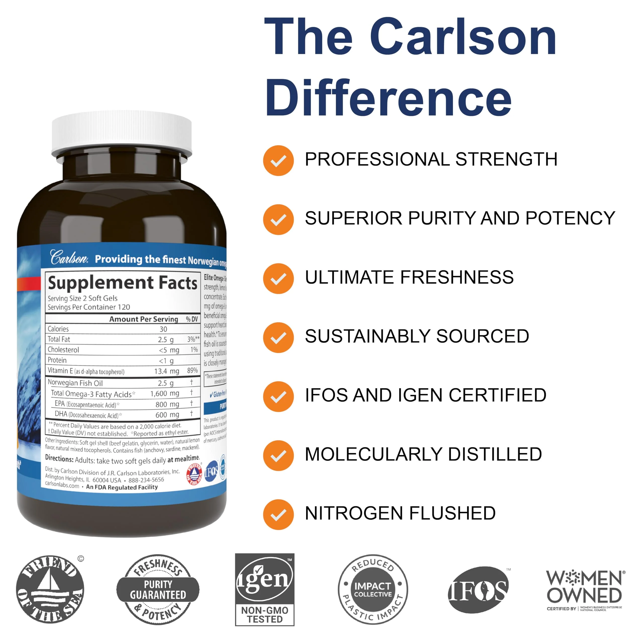 Carlson Elite Omega-3 Gems Lemon 1600 mg | Wild-Caught Norwegian Fish Oil, 240 Softgels - Image 10